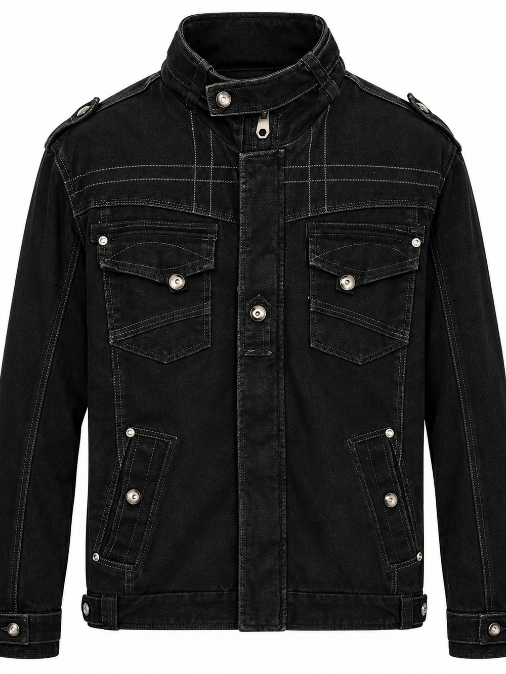 Men's Black Military Field Jacket with Stand Collar and Snap Pockets